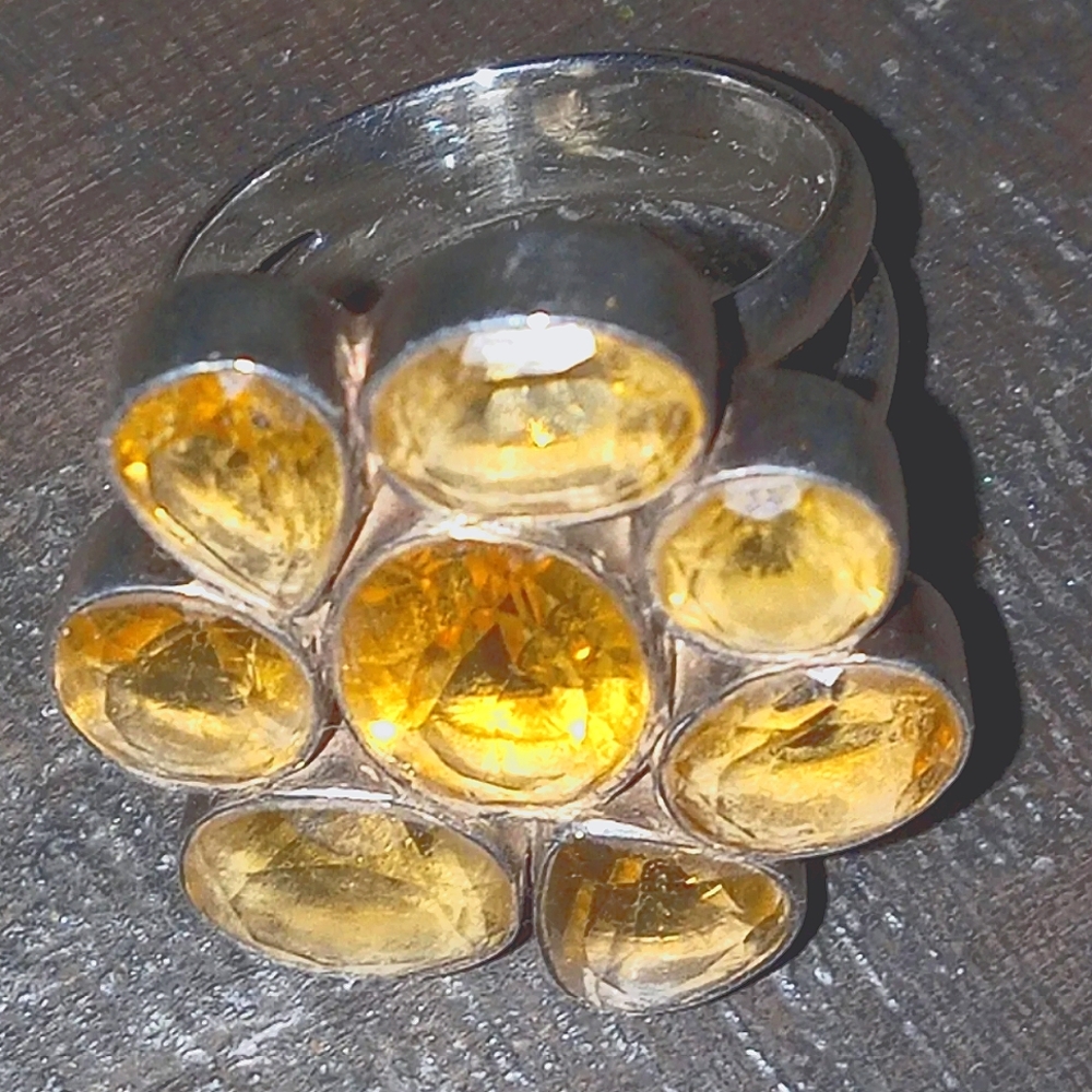 Sterling Silver 925 Ladies Ring Yellow Faceted Citrine Flower - Size 8